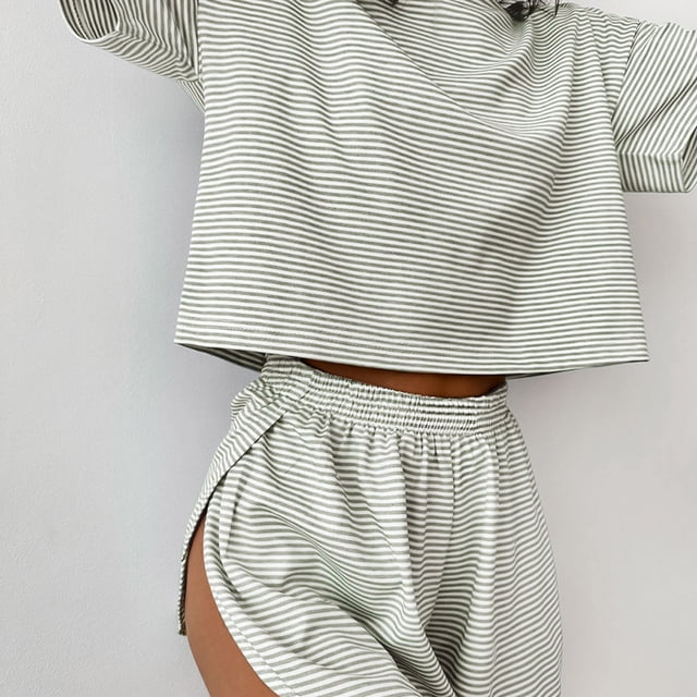 Pyjama à Rayures pour Femmes Ample à Manches Courtes Ensemble avec Shorts Tenue d'Extérieur à la Mode Tenue d'Intérieur pour Femmes Maillots de Bain pour Femmes de plus de 50 Ans Bas de Maillot pour Femmes Grandes Tailles Couvre-Maillots Jupes de Maillot de Bain pour Femmes