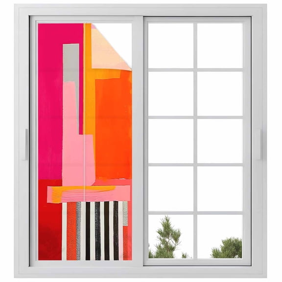 Pink Orange Window Privacy Film, Geometric Modern Abstract Oil Painting Static Cling UV Sun Blocking Heat Control Window Tint Day and Night, Non-Adhesive One Way Windows Privacy Cover 29.5''x78.7''