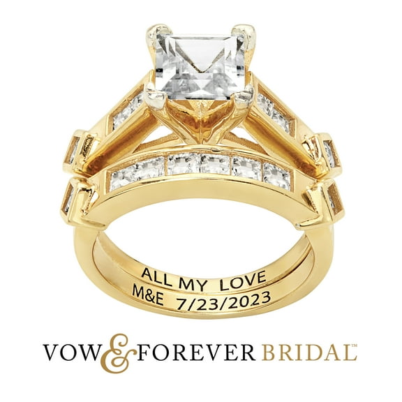 Vow & Forever Personalized Planet Bridal 14K Gold over Sterling Silver Square White Topaz 2 Piece Engraved Wedding Set ,Women's