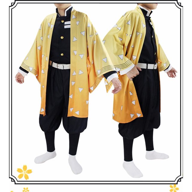 Niños adultos Demon Slayer Kimetsu no Yaiba Agatsuma Zenitsu traje uniforme Anime Kimono Halloween carnaval ropa Cosplay disfraz niños 150 Gao Jinjia LED