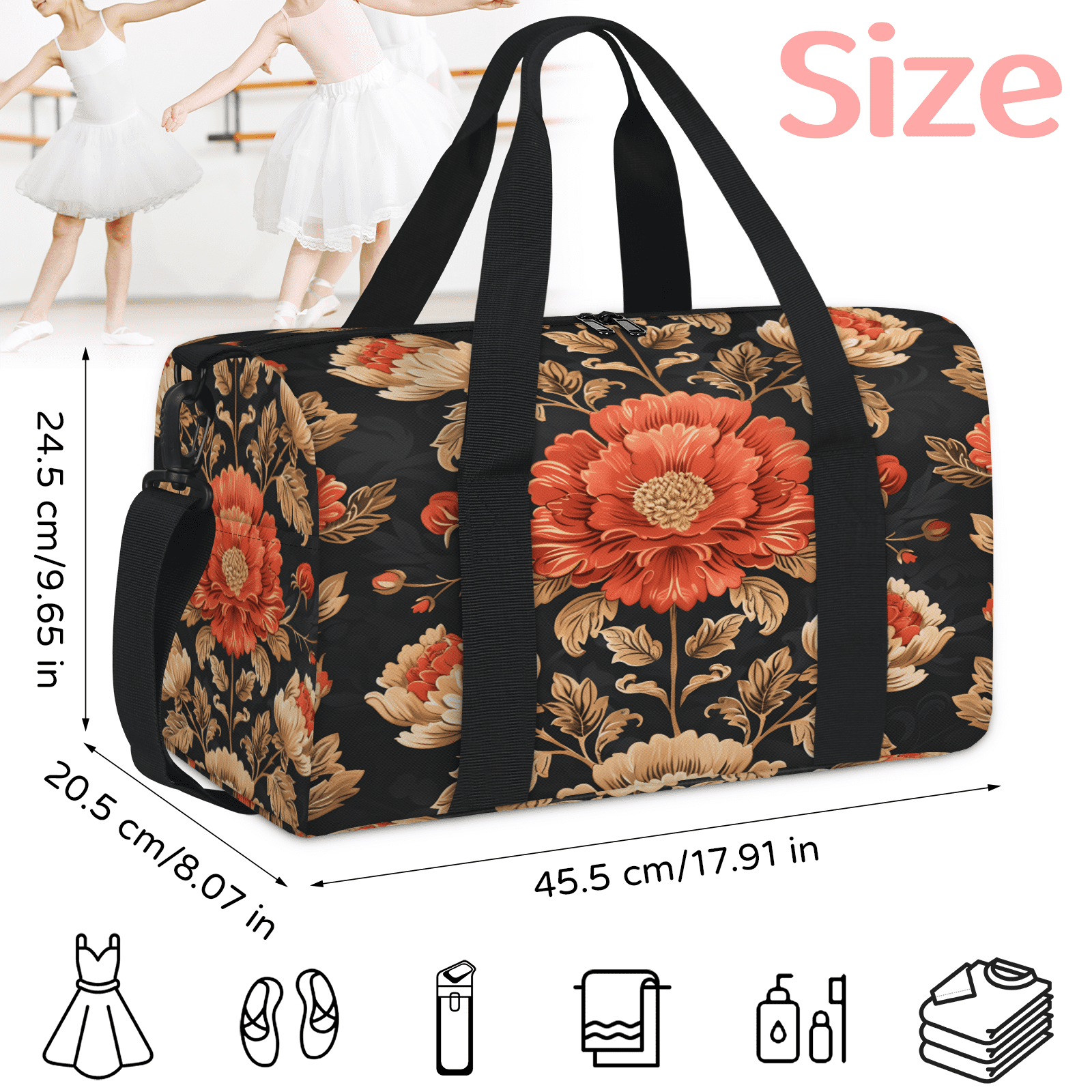 Herdesigns Vintage Gym Bag for Women, Duffle Bag for Travel Sport, Floral Lightweight Waterproof Carry on Weekender Dance Yoga Workout Bags
