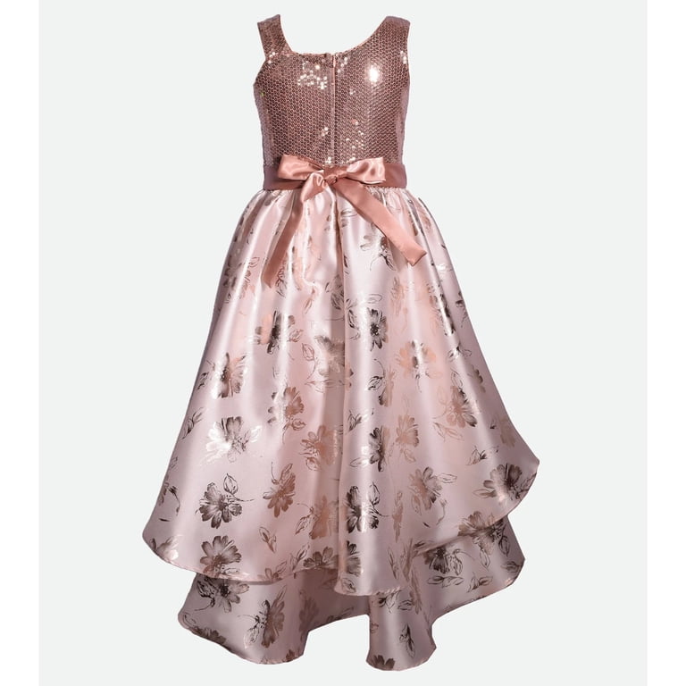 Bonnie Jean Girls' Sequin Bodice Bow Waist High-Low Dress – Sizes 4-16, Mikado Fabric