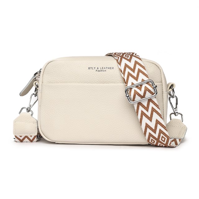 Bolsos Cruzados para Mujer Bolsos Bandolera Casuales Cuero Genuino Correa Ancha (Beige)