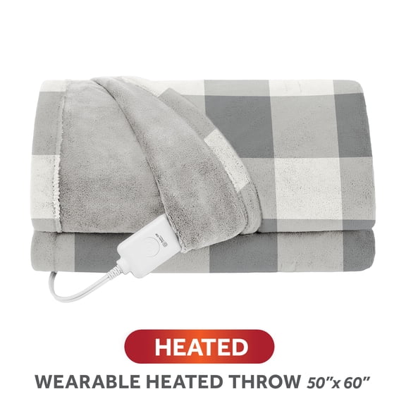 Sunbeam Heated Electric Wearable Throw Blanket, Gray Buffalo Plaid, 4 Heat Settings, 50 x 60 in