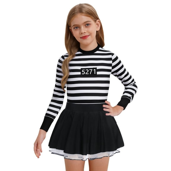iiniim Kids Girls Figure Skating Long Sleeve Black & White Striped Tutu Dance Leotard Dress Costume Black 8