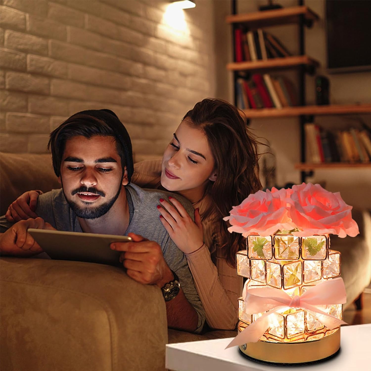 Rose Crystal Table Lamp, USB Charging 3 Colors Dimmable Flower Lamp Square Crystal Vase Romantic Gift Room Decoration for Women Wife Girlfriend