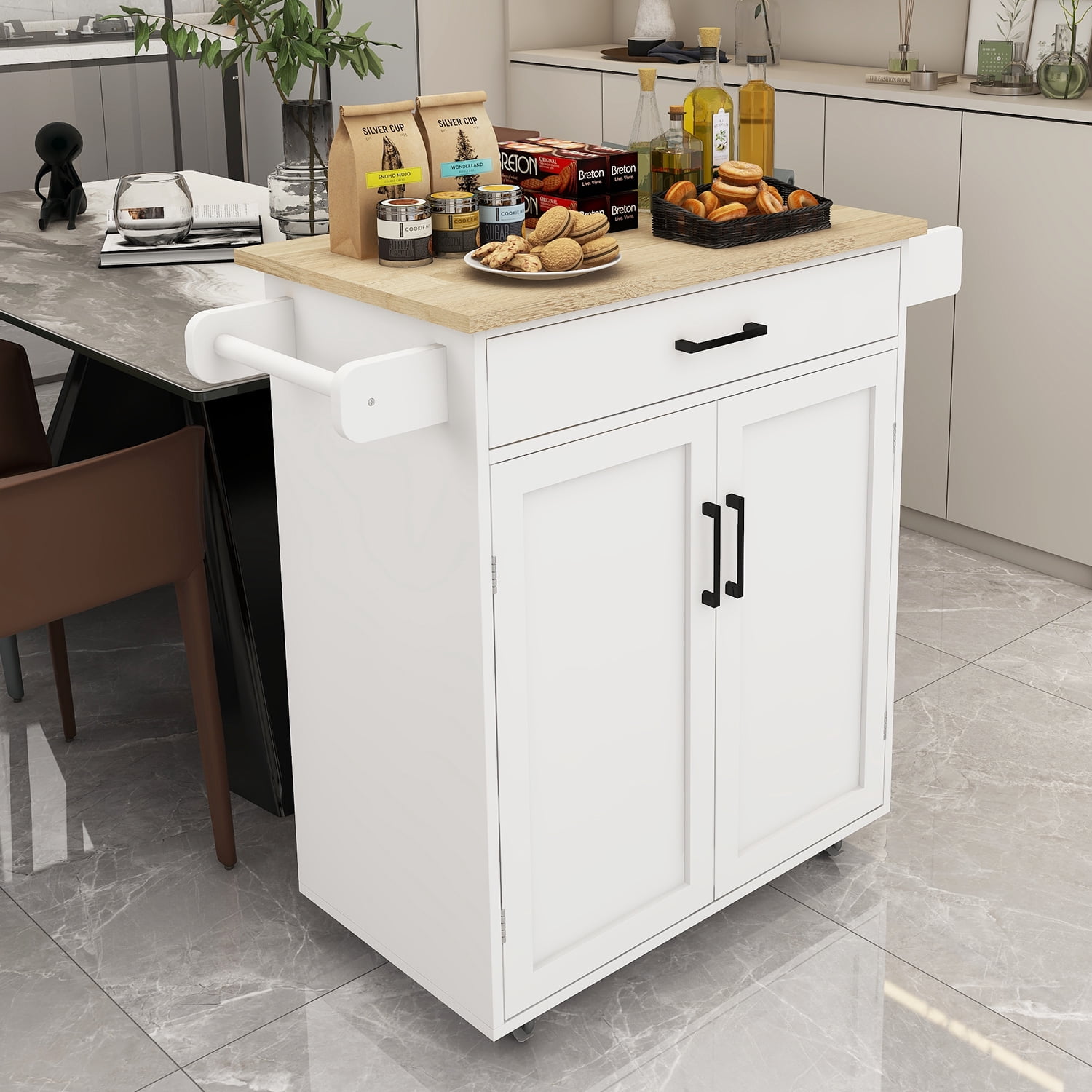 MDQMD Kitchen Island on Wheels, 2-Door Cabinet, Storage Drawer, Open Shelf, Kitchen Storage Island with Large Worktop,Kitchen Serving Cart for Dining Room Bar (White)