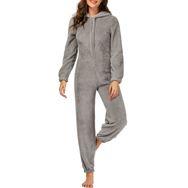 Women Fleece Pajamas Cute Onesie Hooded Zipper Front Fuzzy Warm