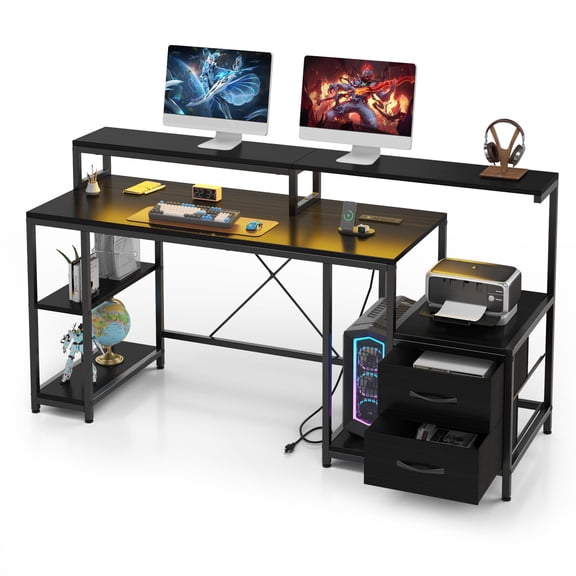 TROPOW Computer Desk with Drawers,Ergonomic 63" Home Office Desk with RGB LED Light,Dual Monitor Stand, Integrated Power Outlets & Printer Space,Large Desktop with Drawers for Gaming & Study,Black