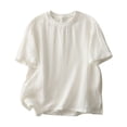thumbnail image 3 of Women's Cotton Linen T Shirt Short Sleeve Ribbed Spliced Summer Casual Loose Pullover Top by Yigetop White L, 3 of 8
