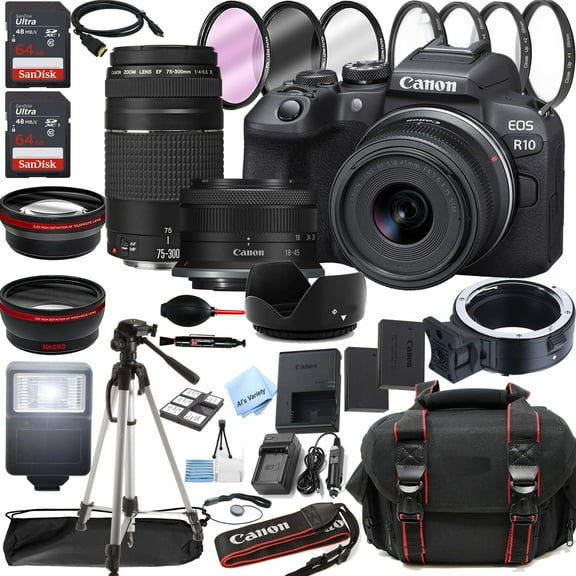 Canon EOS R10 Mirrorless Digital Camera with RF-S 18-45mm f/4.5-6.3 is STM Lens   75-300mm F/4-5.6 III Lens   128GB Memory   Case   Tripod   Filters 40pc Bundle (International Version)