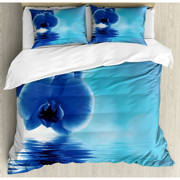 Flower Duvet Cover Set, Orchid Floral Design with Reflection to a River Water Image Photo, Decorative 3 Piece Bedding Set with 2 Pillow Shams, Calking Size, Violet Blue White, by Ambesonne