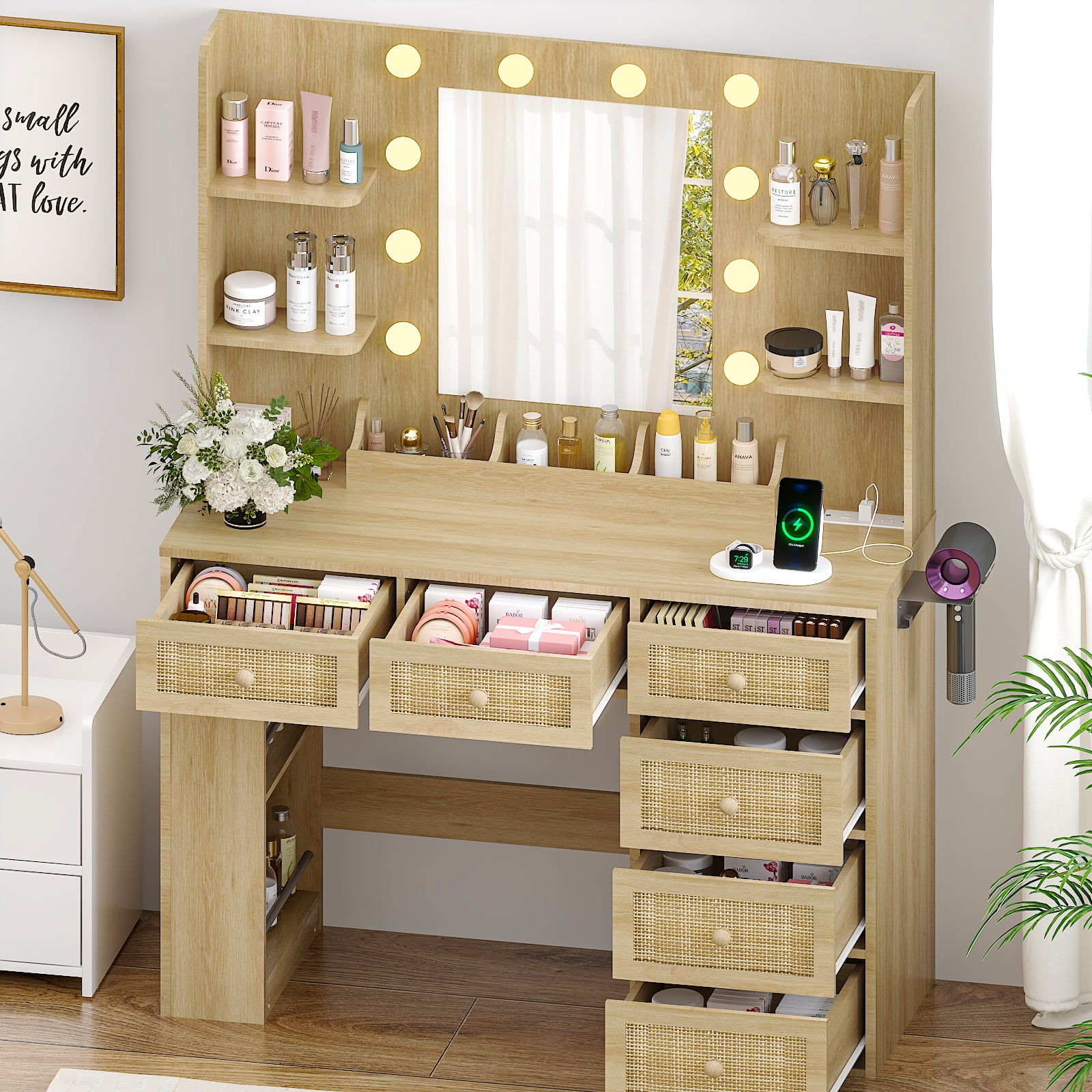 Ktaxon Lighted Makeup Vanity with 6 Drawers, Get Ready with Me Vanity Table Set w/ Charging Station, Side Rack, Wood Color