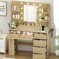 thumbnail image 3 of Ktaxon Lighted Makeup Vanity with 6 Drawers, Get Ready with Me Vanity Table Set w/ Charging Station, Side Rack, Wood Color, 3 of 8