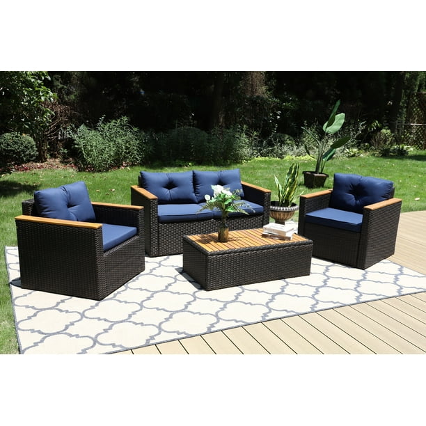 MF Studio 4PCS Rattan Patio Sofa Set Outdoor Conversation Set, Navy