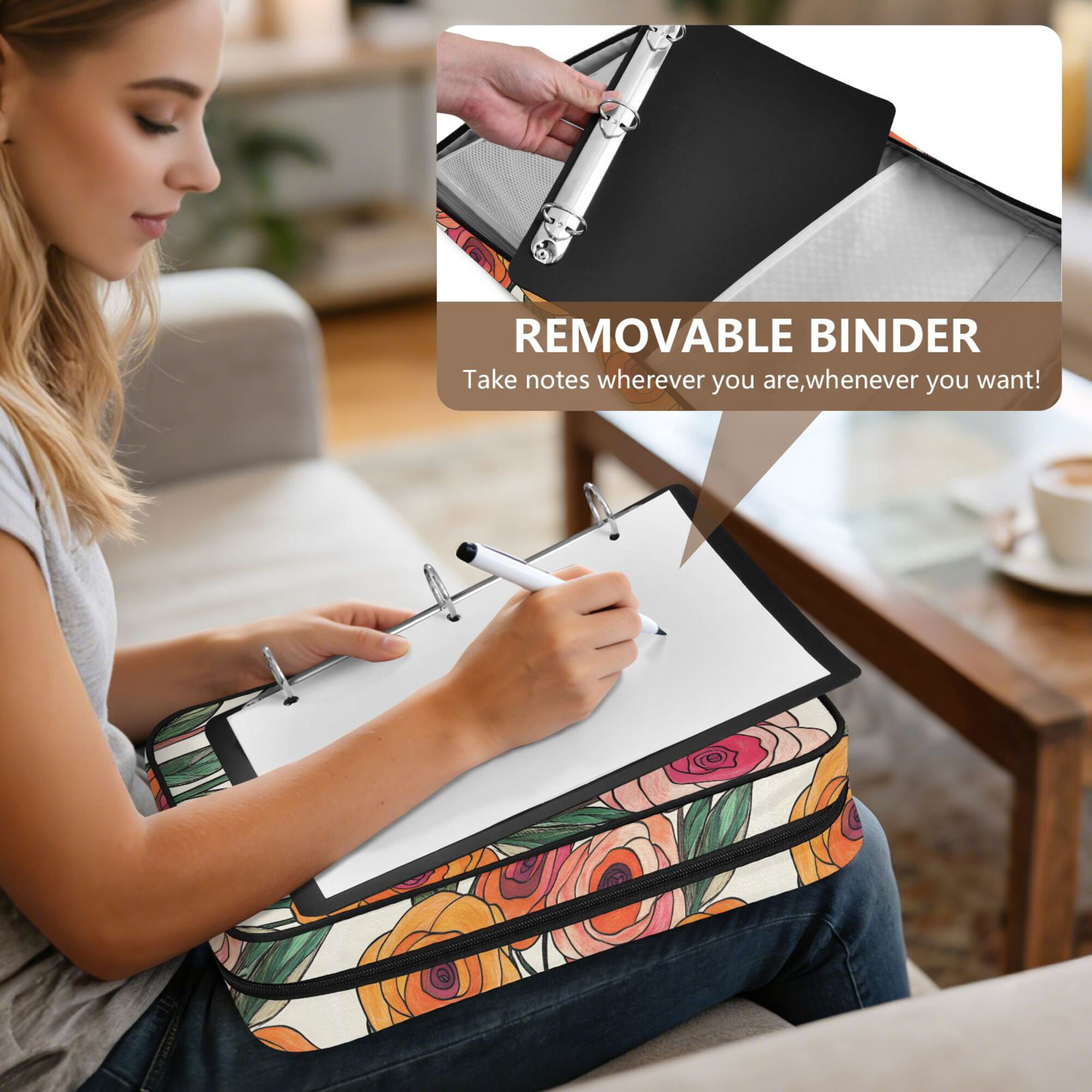 FORMRS Accordion File Folder A4 Size 7-Pocket Expanding Document Organizer Bag with 3 Ring Binder, Hand Drawn Floral