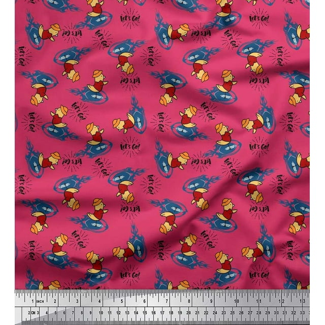 Soimoi Polyester Crepe Fabric Text,Rugby Ball & Bird Cartoon Printed Craft Fabric by The Yard 52 Inch Wide
