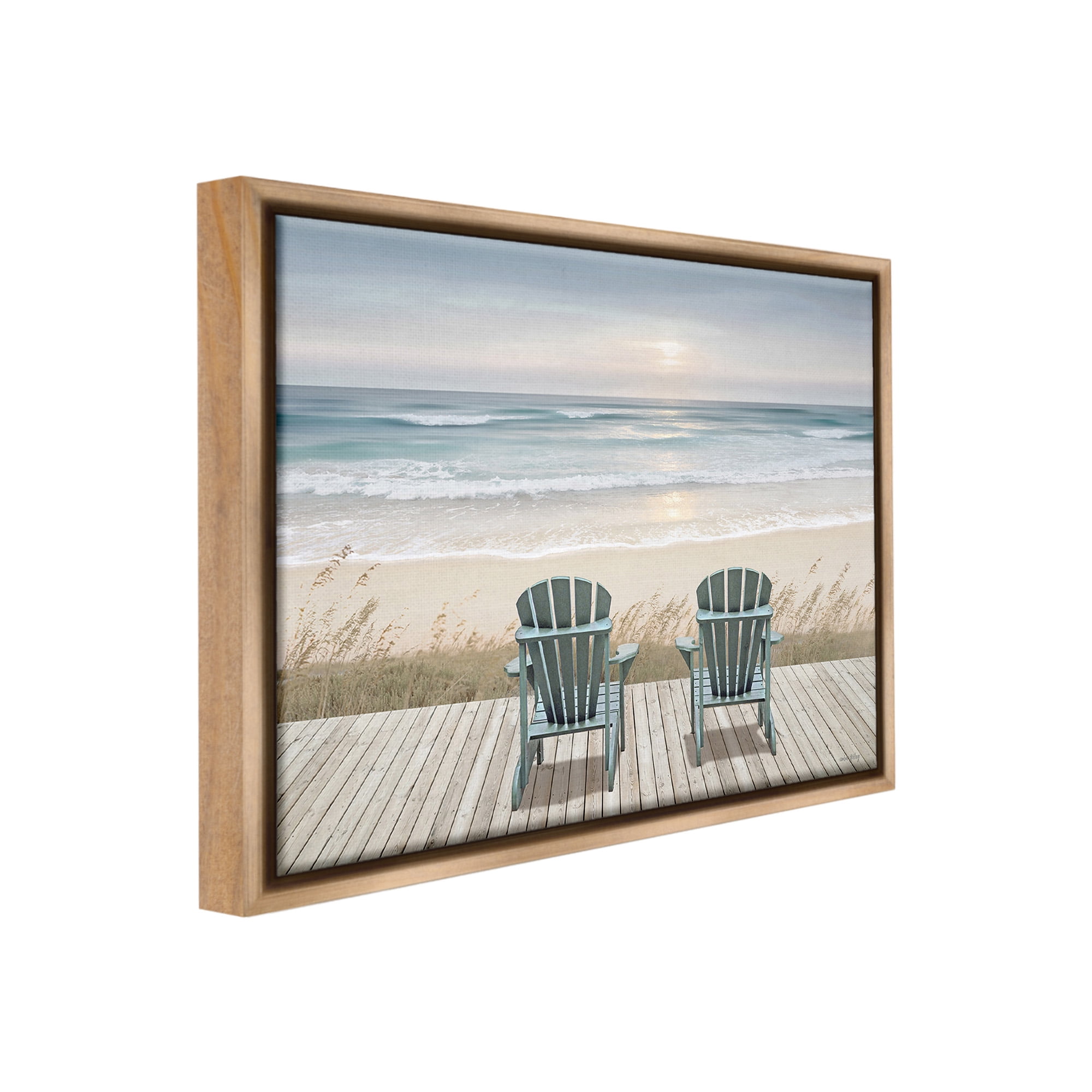Stupell Industries Chairs with Beach Sunrise Landscape Painting Brown Floater Framed Canvas Art Print Wall Art, 31 x 25
