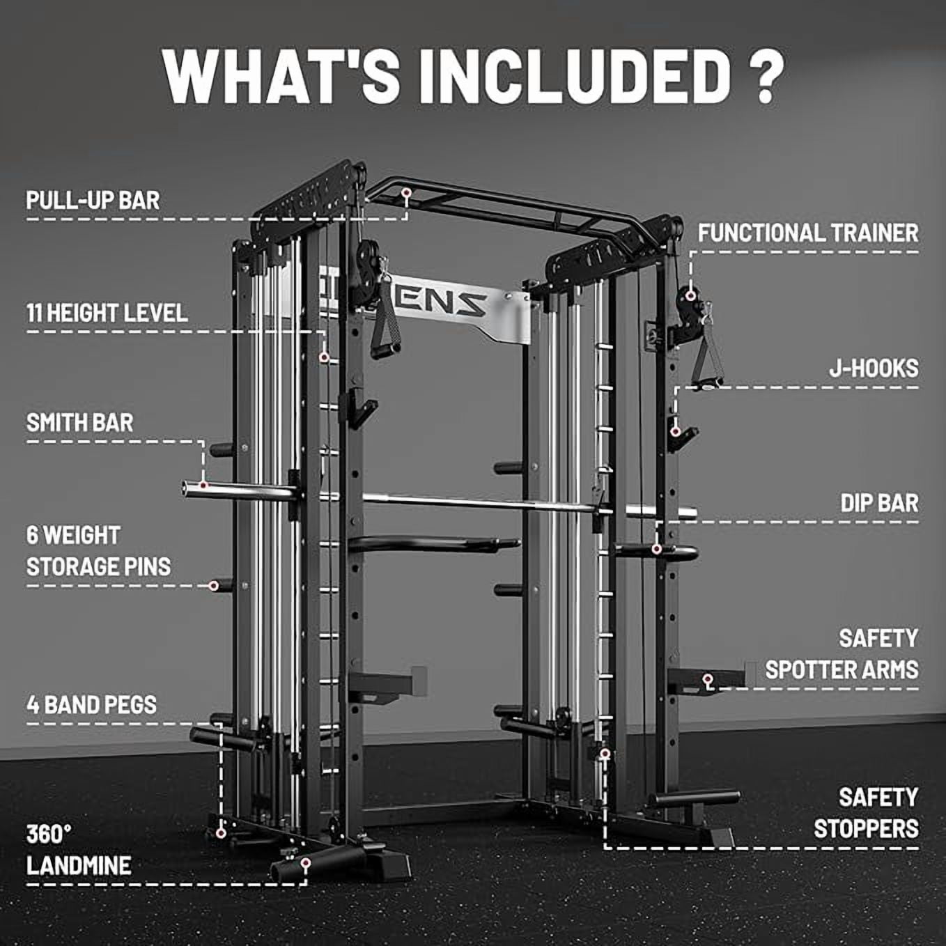 FORGEMUS Smith Machine Power Cage, 2000LBS All-in-One Squat Rack Multi-Function Home Gym System with Cable Crossover System for Adult