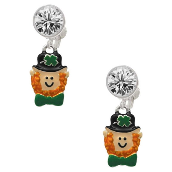 Silvertone Small Leprechaun with Bow Tie Clear Crystal Clip On Earrings
