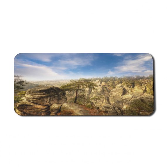 Nature Computer Mouse Pad, Wonders of the World National Park Rock Formation Czech Image, Rectangle Non-Slip Rubber Mousepad X-Large, 35" x 15" Gaming Size, Olive Green Sky Blue, by Ambesonne