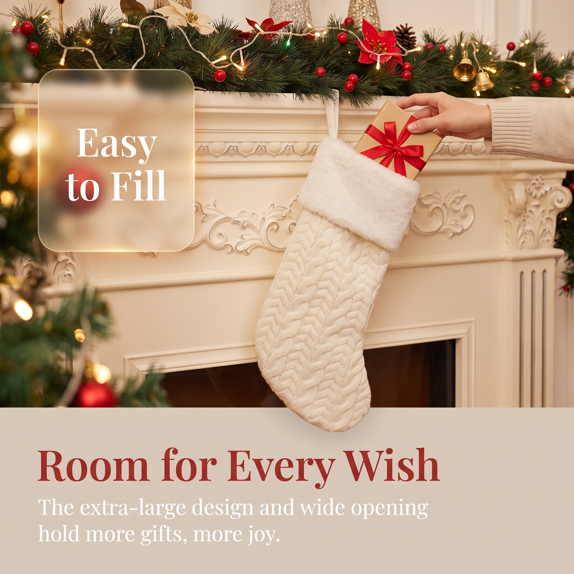 Unique Bargains Pom-Poms Stocking Luxury Knitted Sock White 16"