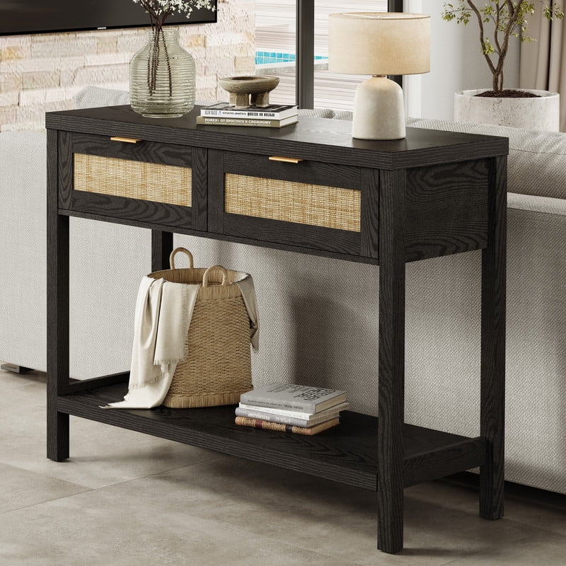 Surmoby Console Table with 2 Rattan Drawers,Boho Wood Entryway Table Hallway Table Sofa Table with Open Storage Shelf for Living Room,Foyer and Corridor,Black Oak