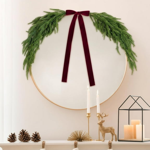 JEWLALO 2.6FT Christmas Mirror Garland Artificial Norfolk Pine Swag for Mirror with Velvet Bow Faux Greenery Garlands Christmas Wreath for Xmas Home Door Mailbox Indoor Fireplace Decor (Burgundy Red)