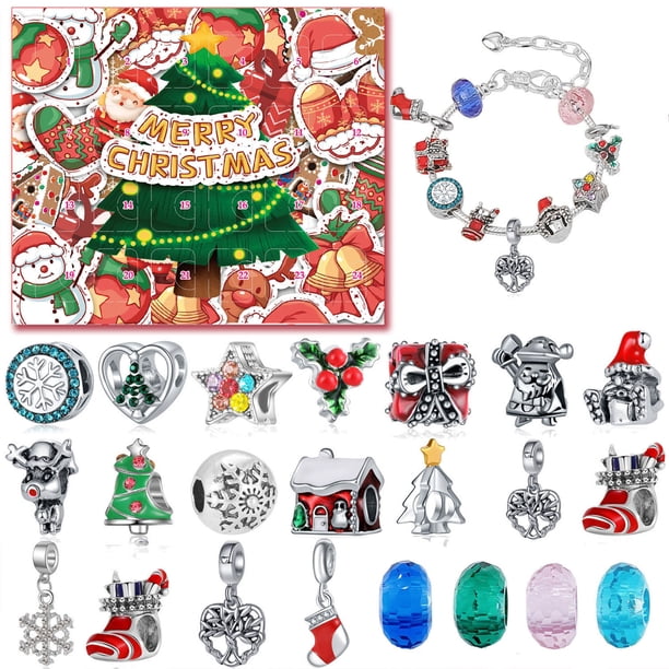 Calendario de Adviento navideño con 24 regalos, calendario de pulsera navideño, calendario de cuenta regresiva navideña con juguetes sorpresa, adorno de pulsera de aleación coleccionable navideño.
