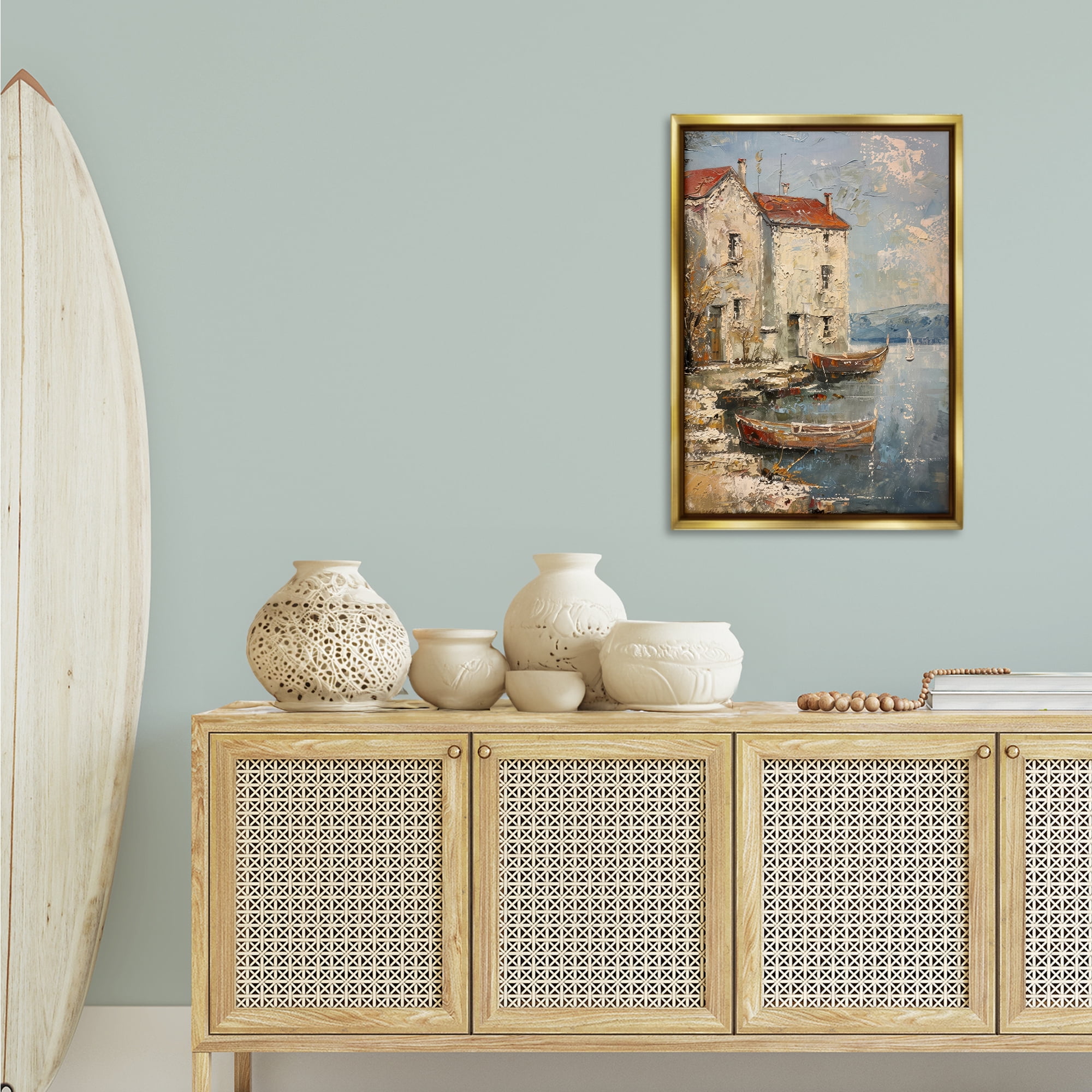 Stupell Industries Red Townside Boats Scenic & Cityscapes Painting Gold Floater Framed Canvas Art Print Wall Art, 21 x 31