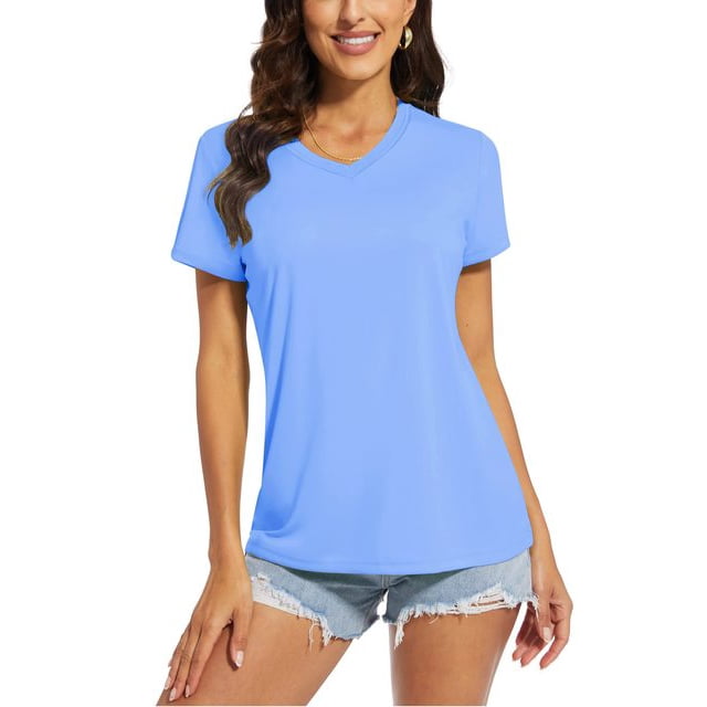 OUSITAID UPF 50+ T-shirts d'Été à Manches Courtes Col en V T-shirts de Protection Solaire pour Femmes Séchage Rapide Randonnée Course Hauts