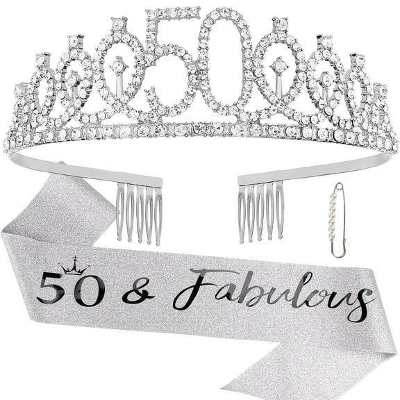 "50 & Fabulous" Birthday Tiara and Sash Kit- 50th Birthday Gifts for Women 50th Birthday Party Decorations (silver)