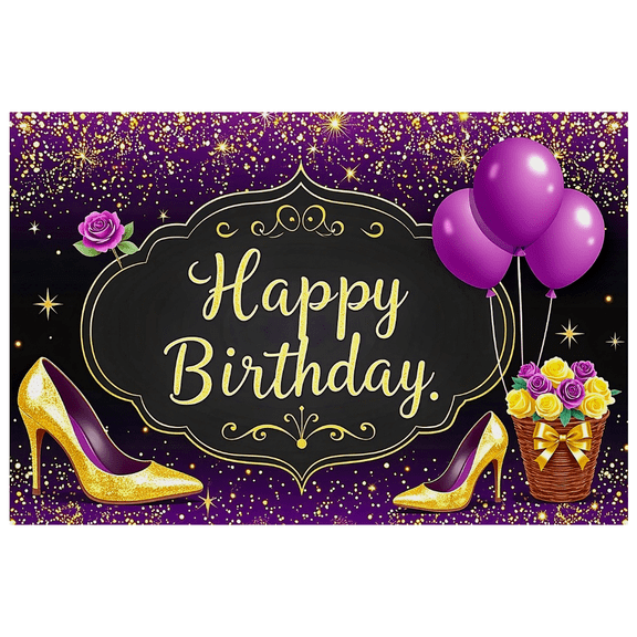 Glamorous Purple and Gold Birthday Banner with Balloons Roses and High Heels Happy Birthday Party Decoration Photography Prop Backdrop Background for Birthday Celebrations Party Supplies