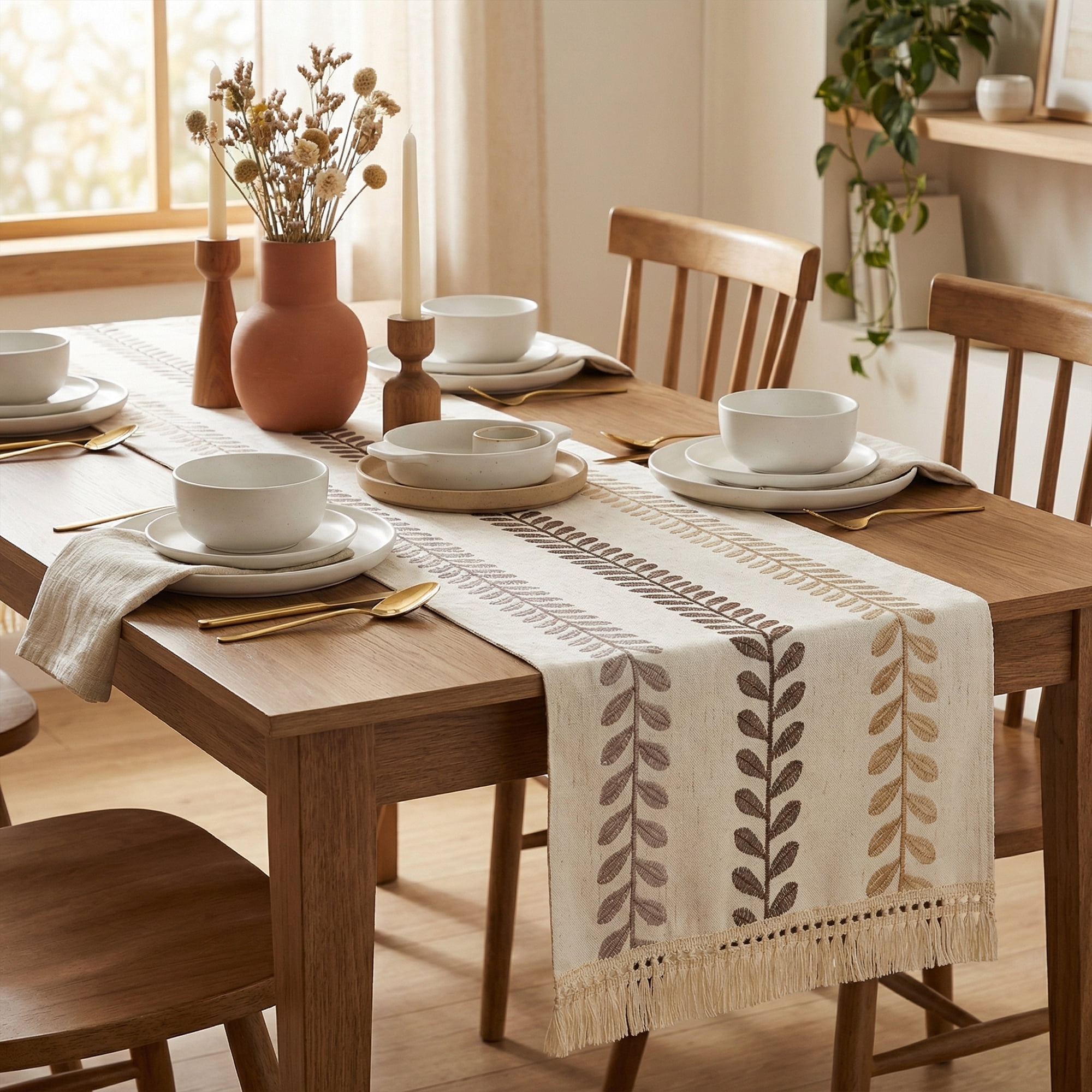 Unique Bargains Polyester Floral with Tassel Table Runner for Decor Brown 15.4"x63"