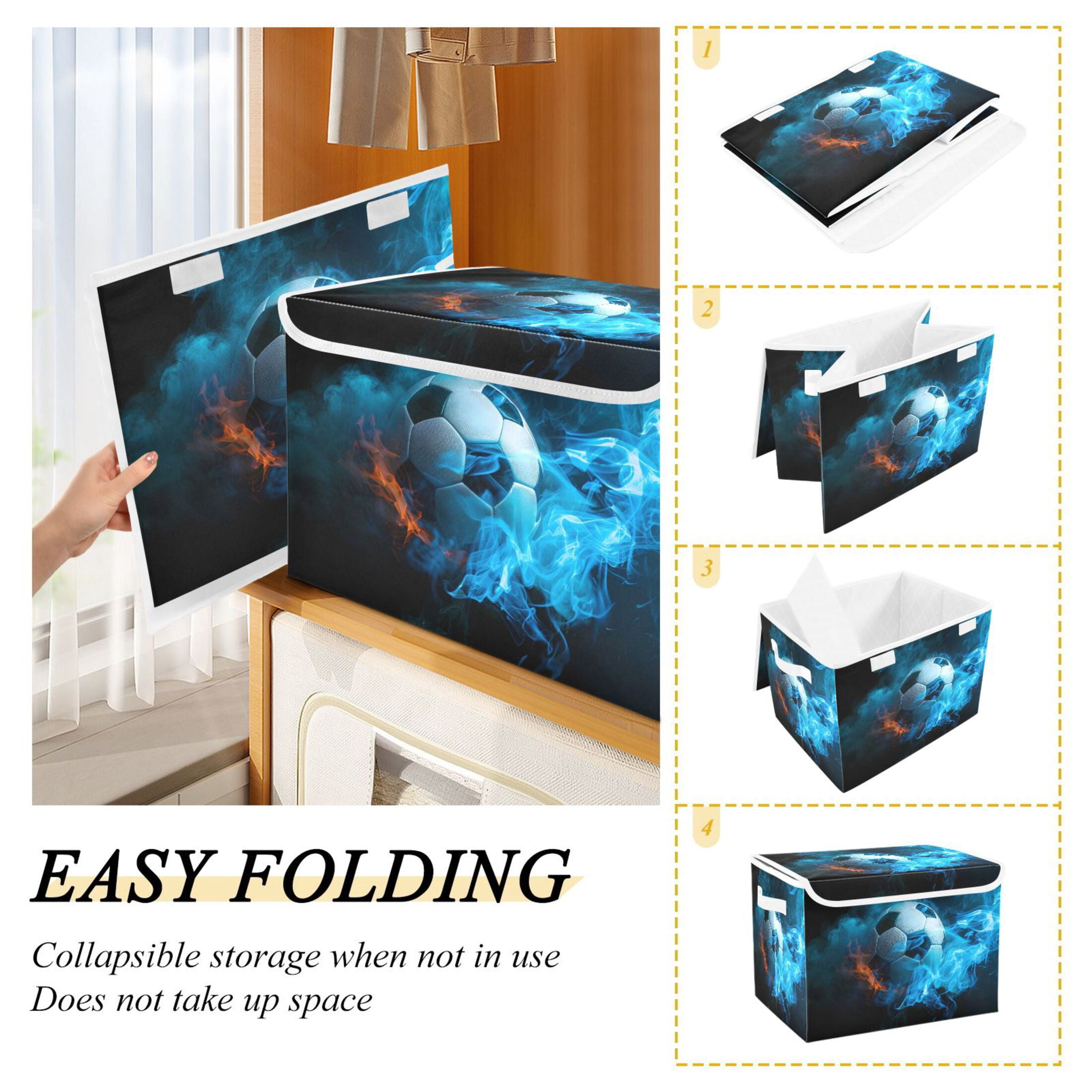 Ryvnso Soccer Ball with Fire Large Lidded Foldable Storage Baskets Cubes Boxes Lids Bin for Home