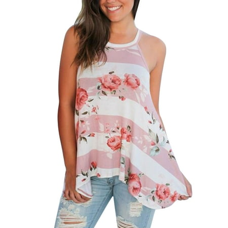 Floral Print Striped Pattern for Women Loose Print T-Shirt Ladies Halter Neck Sleeveless Casual Top Blouse