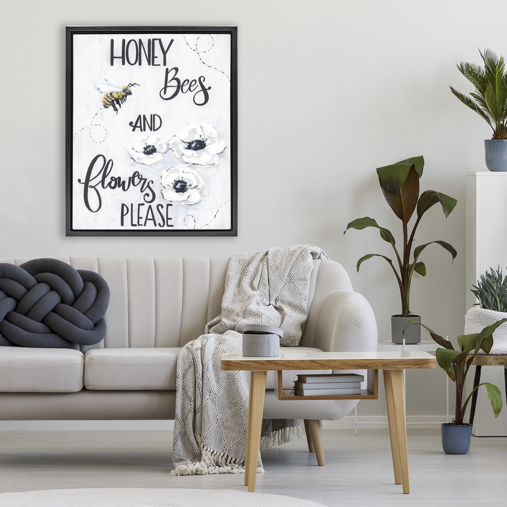 Stupell Industries Garden Bees & Flowers Please Black Framed Floater Canvas Wall Art, design by Sara Baker