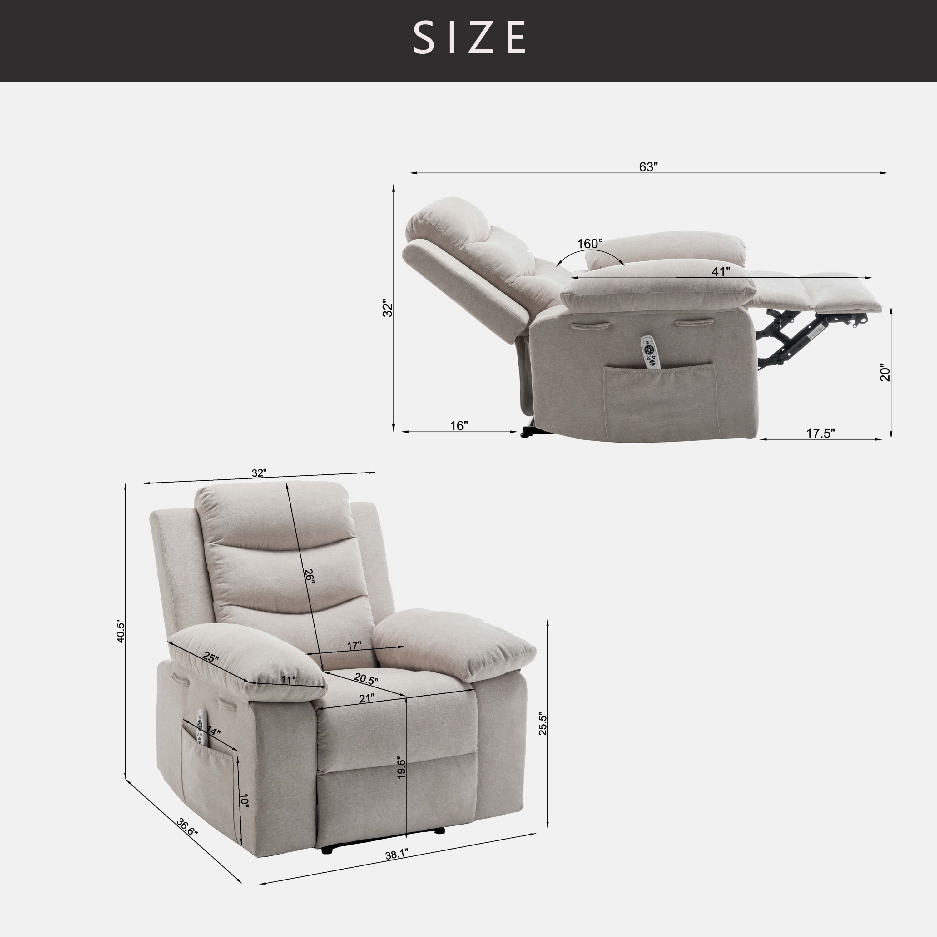 MOONMISS Velvet Adjustable Massage Function Side Pocket Power Recliner Chair with Heating System-Camel
