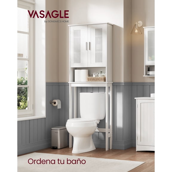 VASAGLE Armario sobre Inodoro, Organizador de Baño Independiente de 4 Niveles, con Estantes Ajustables, Blanco Nube