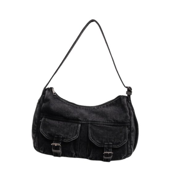 Bolso de hombro para mujer, estilo casual, estilo retro, de mezclilla, con correa ajustable para la axila negro