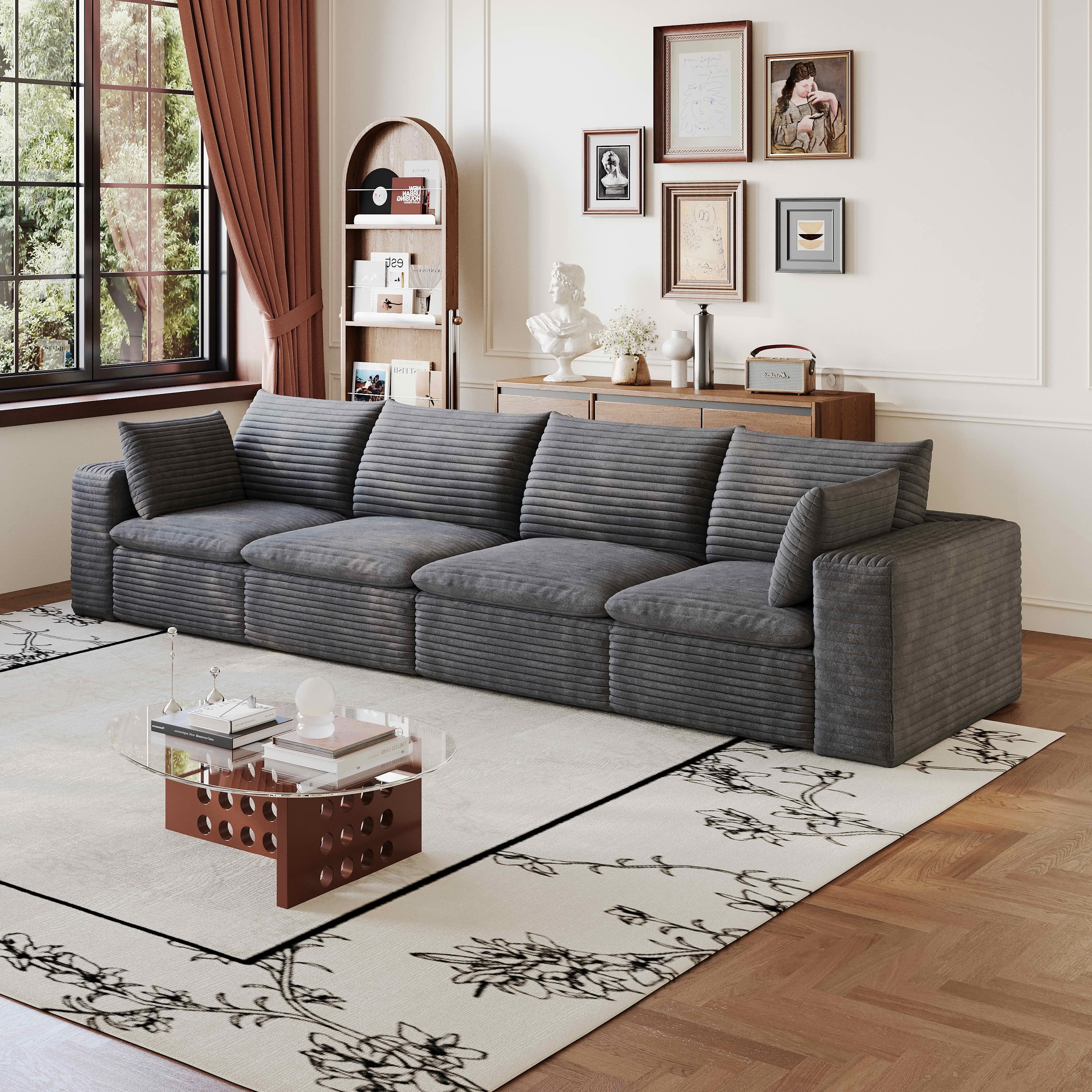 MAYEERTY 134 Inch Cloud Modular Sofa, Corduroy Deep‑Seat Couch with Double‑Layer Removable Cushions, No‑Assembly DIY Combination Sponge Sofa for Living Room Bedroom Conference Room Apartment