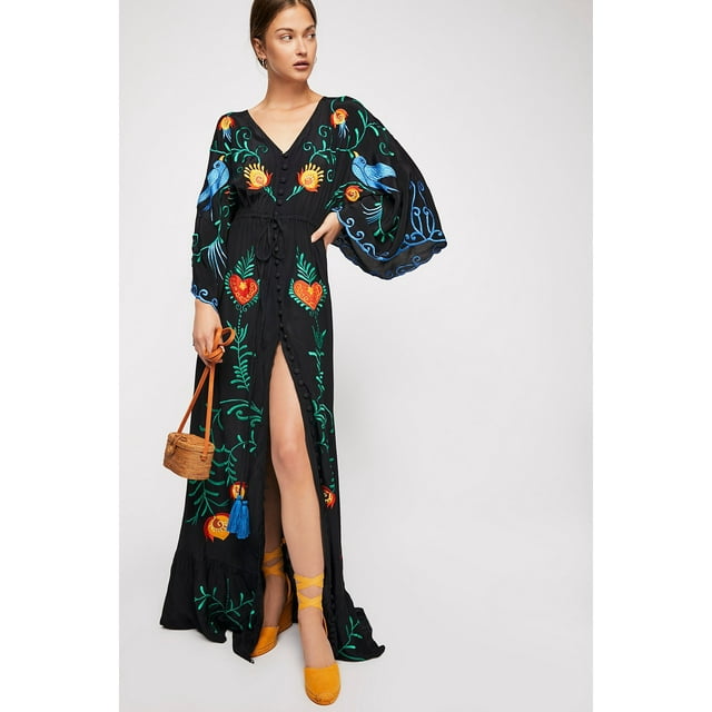 Faithtur Robe Bohème pour Femmes Manches Longues Taille à Cordon Robe Boutonnée Ligne A Robe Midi d'Été