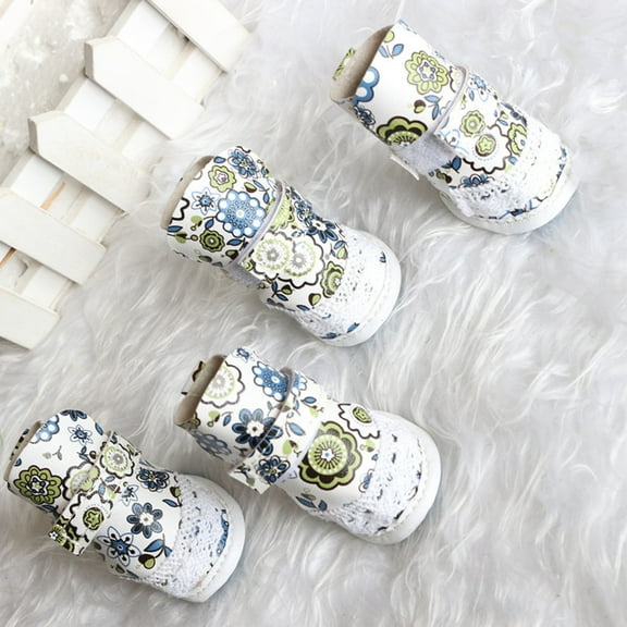 4Pcs Pet Boots Soft Sole Easy to Wash Polyurethane Paw Protector Cartoon Printed Dog Shoes for Outdoor,White