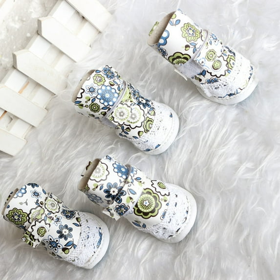 4Pcs Pet Boots Soft Sole Easy to Wash Polyurethane Paw Protector Cartoon Printed Dog Shoes for Outdoor,White