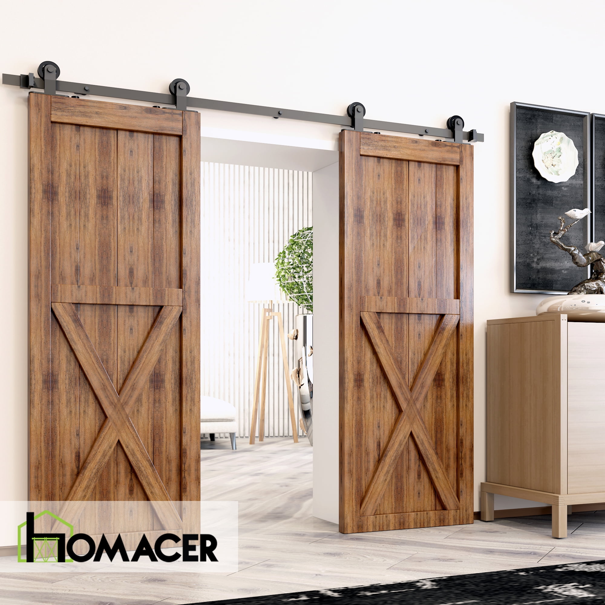 Homacer Black Rustic Sliding Barn Door Hardware Kit, for Two/Double Doors,  9ft Long Flat Track, T-Shape Design Roller, Heavy Duty, for Interior &