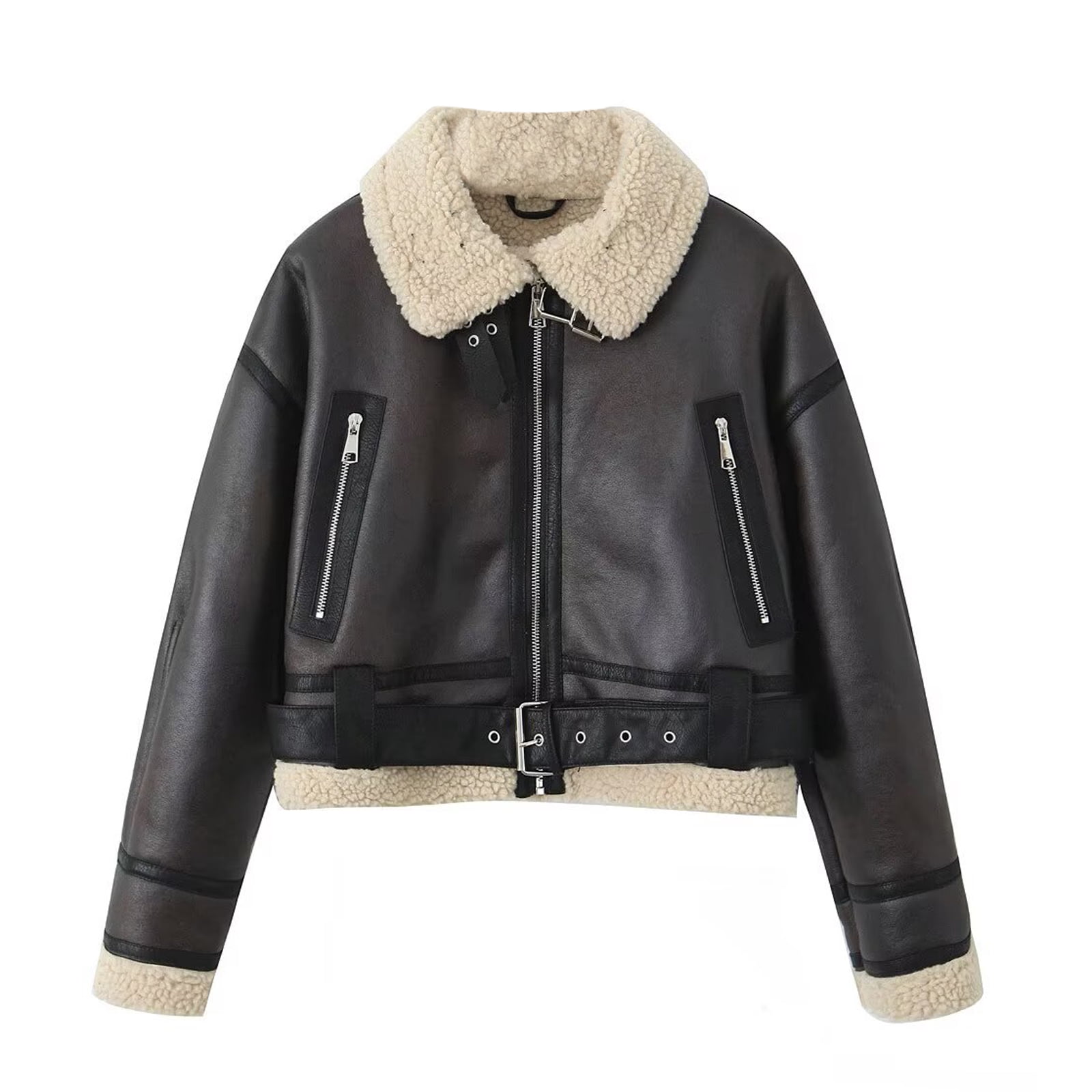 NANAIQ Women's Faux Leather Jacket with Velvet Padded Coat Solid Casual Warm Fleece Lined Motorcycle Jackets Fall Winter Outwear, Coffee, S