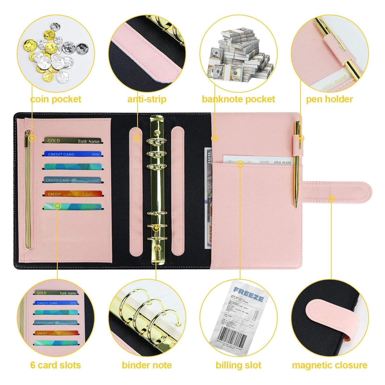 Multibey A5 Leather Binder Cover - Refillable 6-Ring Planner Organizer with Refill Paper, Dividers, Gold Pen & 3 Stickers, Leather Travel Journal Notebook Cover (Black & Pink)