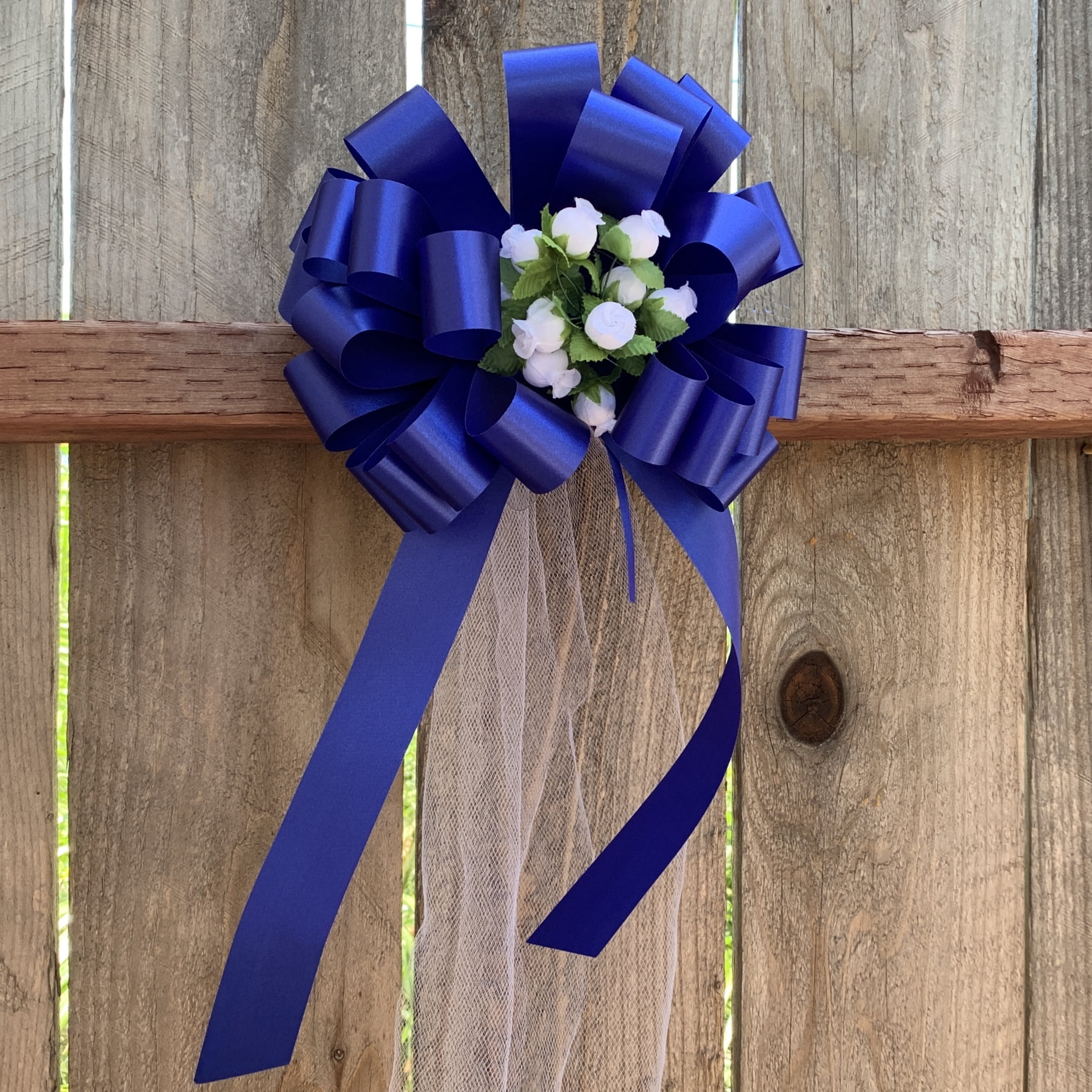 Royal Blue Pull Bows with Tulle Tails and Rosebuds - 8" Wide, Set of 6, Weddings, Easter, Memorial Day, 4th of July
