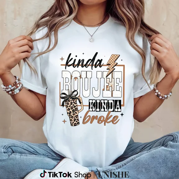 Kinda Boujee Kinda Broke Women Graphic Tee Leopard Print Western Cowgirl Casual Short Sleeve T-Shirt