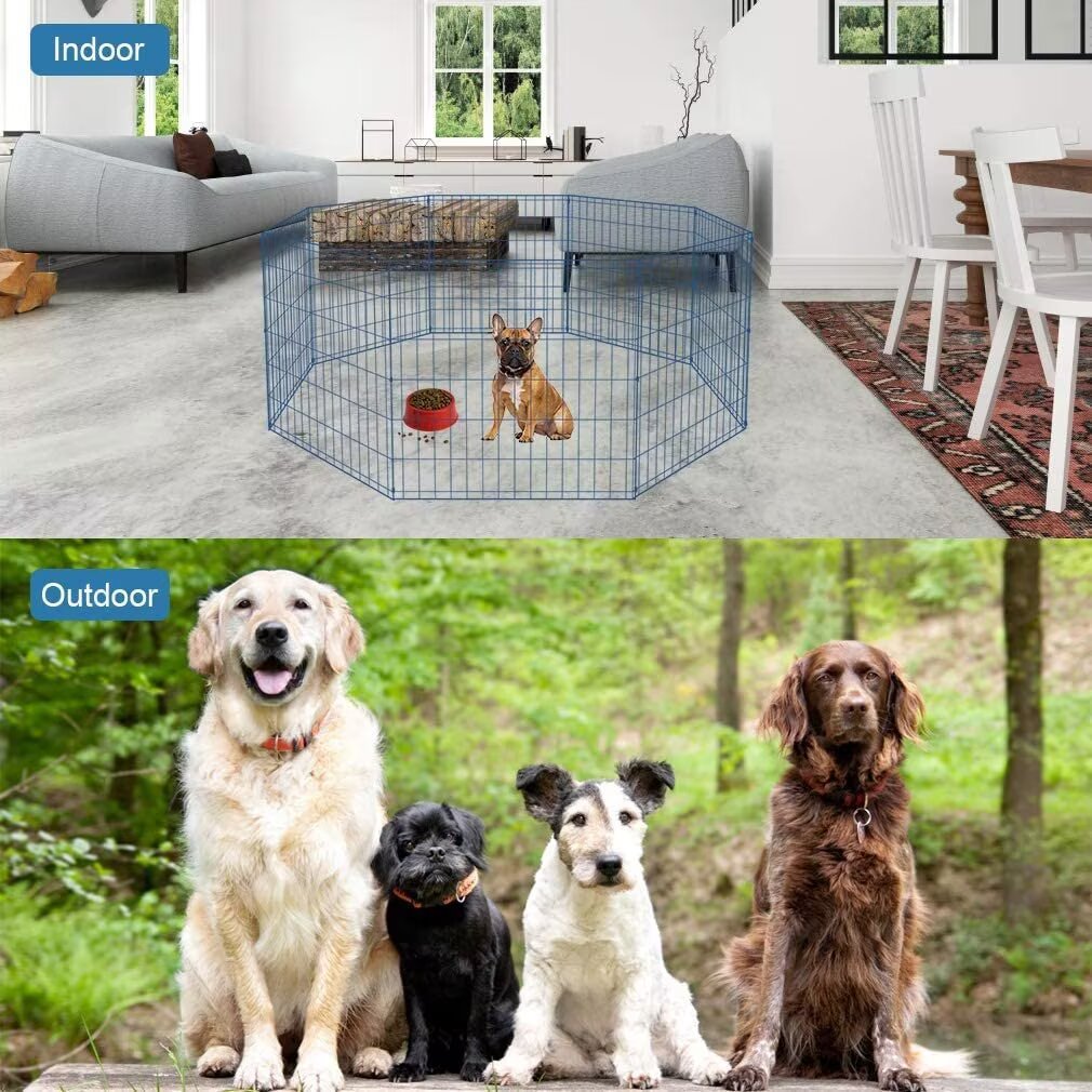 YRLLENSDAN 8 Panels 24”H Metal Dog Playpen, Portable Dog Fence for Yard and RV Camping, Foldable Pet Playpen for Indoor and Outdoor, Blue